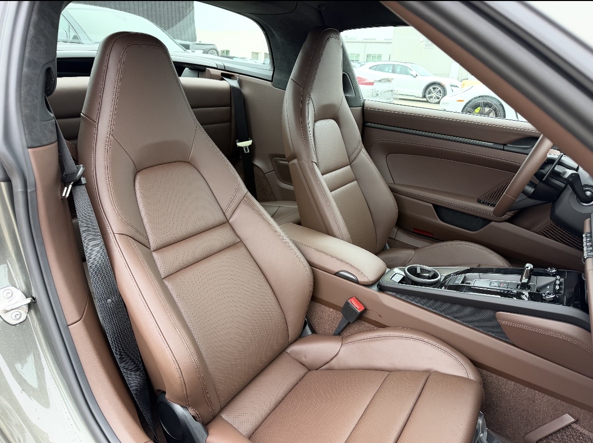 Porsche cabin with rich brown leather seats